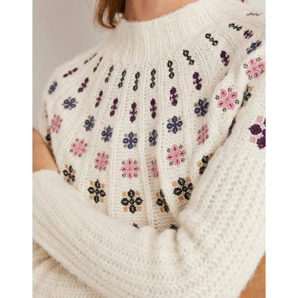 Boden Fluffy Hand Embroidered Fair Isle Sweater Alpaca Blend Size 14